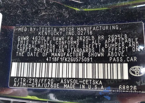 2016 Toyota Camry Se from USA, damaged, VIN 4T1BF1FK2GU575091